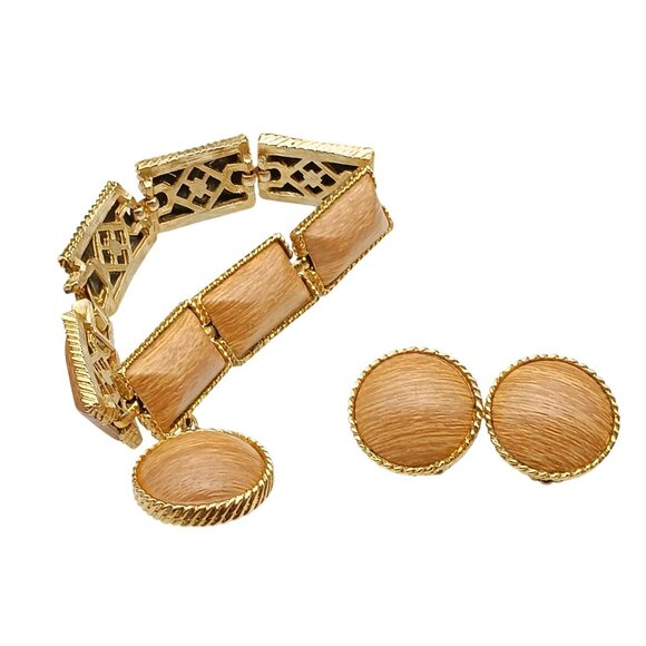 Vintage Gold-Toned Textured Bracelet & Clip-On Earrings Set with Faux Wood Grain - Picture 1 of 7